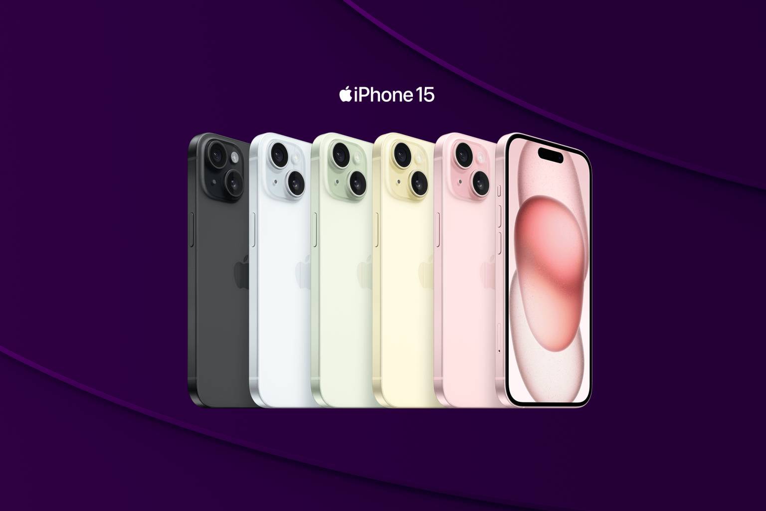 Fram- och baksida på iPhone 15 i alla dess färger.